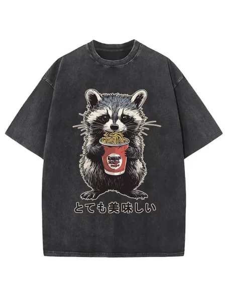 Cute Raccoon Eating Ramen Japanese Washed T-Shirt