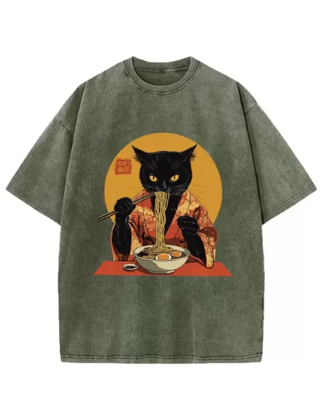 Ramen-obsessed Cat Washed T-Shirt
