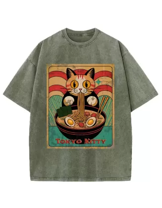 Retro Cat Eating Ramen Japan Washed T-Shirt