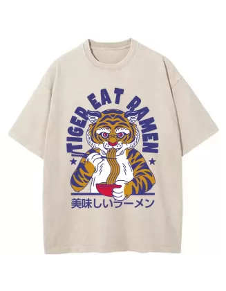 Funny Tiger Eating Ramen Washed T-Shirt