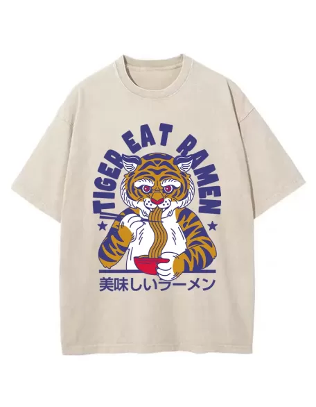 Funny Tiger Eating Ramen Washed T-Shirt