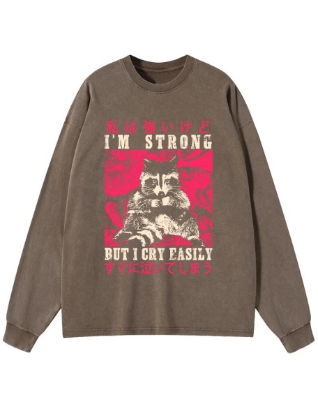 I Am Strong Raccoon Washed Long Sleeve T-Shirt