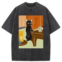 Black Cat and Tea Japanese Washed T-Shirt