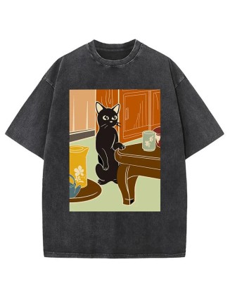 Black Cat and Tea Japanese Washed T-Shirt