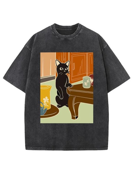 Black Cat and Tea Japanese Washed T-Shirt