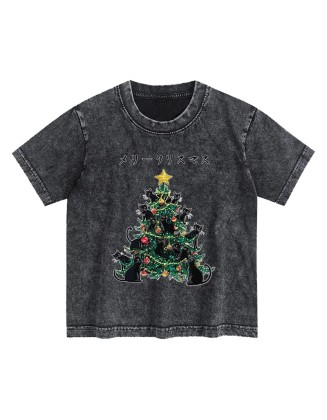 Meowy Christmas Tree Kids Washed T-Shirt