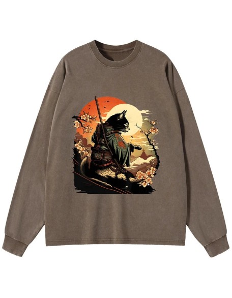 Cat Ninja Ukiyo-e Anime Style Samurai Washed Long Sleeve T-Shirt
