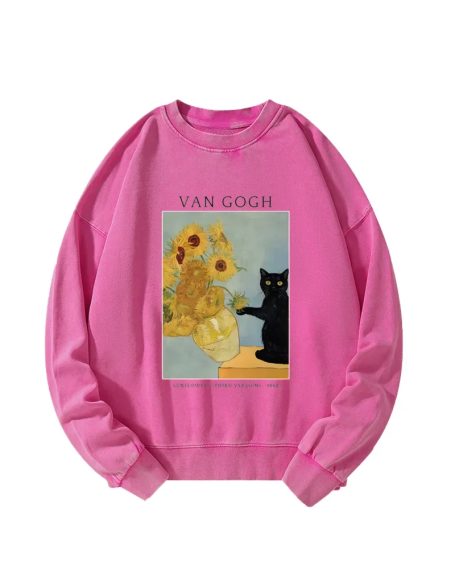 Black Cat With Sunflowers Washed Sweatshirt