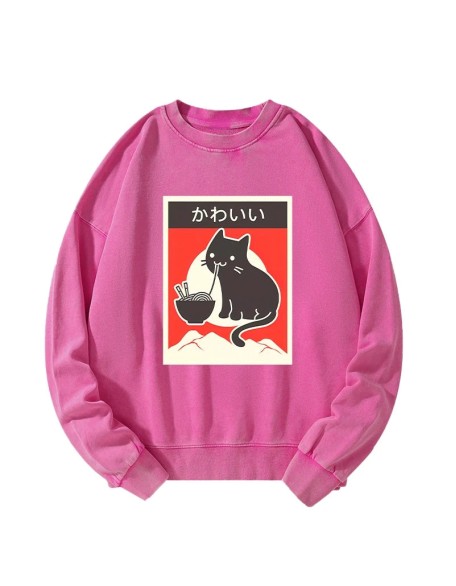 "Kawaii" Vintage Style Japenese Ramen Cat Washed Sweatshirt
