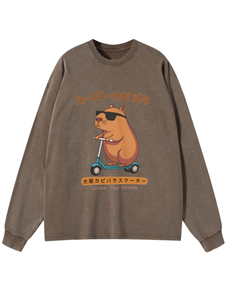 Osaka Capybara Scooter Washed Long Sleeve T-Shirt