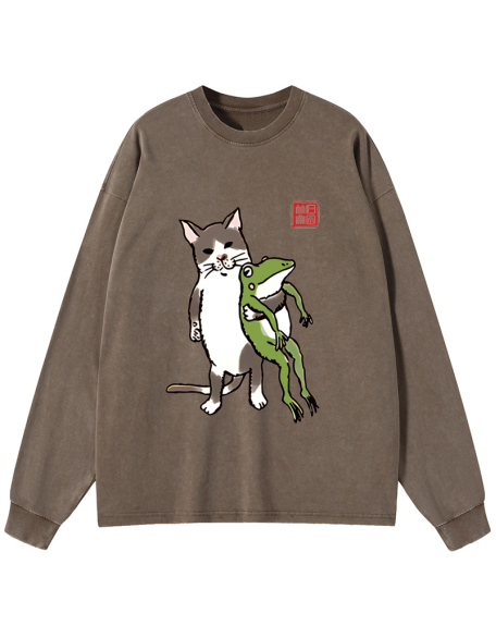 Cat Holding A Frog Washed Long Sleeve T-Shirt