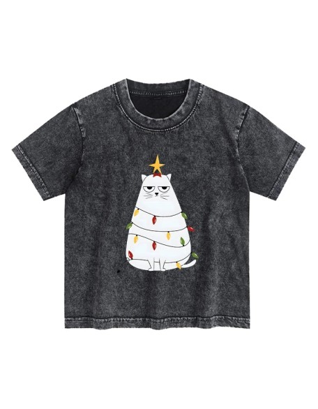 Chubby Cat Celebrates Christmas Kids Washed T-Shirt