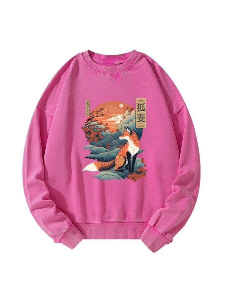 Japanese Kitsune Fox Sakura Washed Sweatshirt