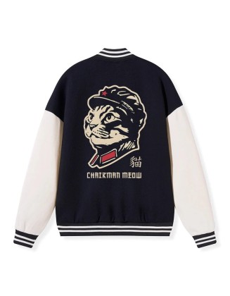 Chinese Spirit Cat Embroidery Varsity Jacket