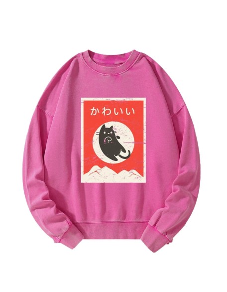 Cute Black Cat Japanese Washed Sweatshirt