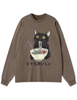 Cats Eat Ramen Noodles Washed Long Sleeve T-Shirt