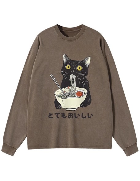 Cats Eat Ramen Noodles Washed Long Sleeve T-Shirt