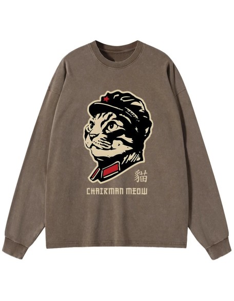 Chinese Spirit Cat Washed Long Sleeve T-Shirt