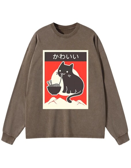 "Kawaii" Vintage Style Japenese Ramen Cat Washed Long Sleeve T-Shirt