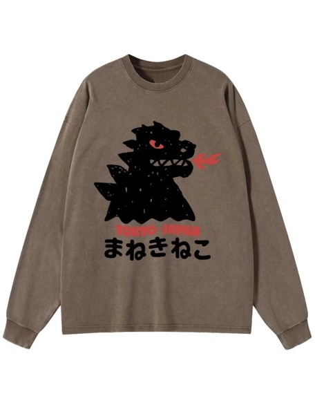 Japanese Fortune Cat Washed Long Sleeve T-Shirt