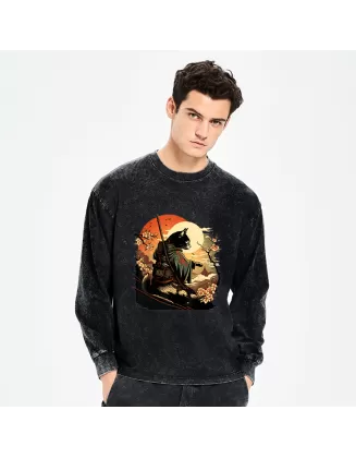 Cat Ninja Ukiyo-e Anime Style Samurai Washed Long Sleeve T-Shirt