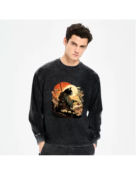 Cat Ninja Ukiyo-e Anime Style Samurai Washed Long Sleeve T-Shirt