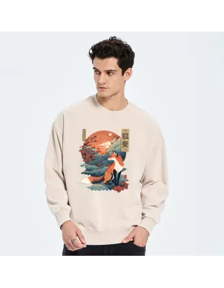 Japanese Kitsune Fox Sakura Washed Sweatshirt