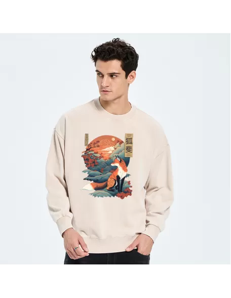 Japanese Kitsune Fox Sakura Washed Sweatshirt