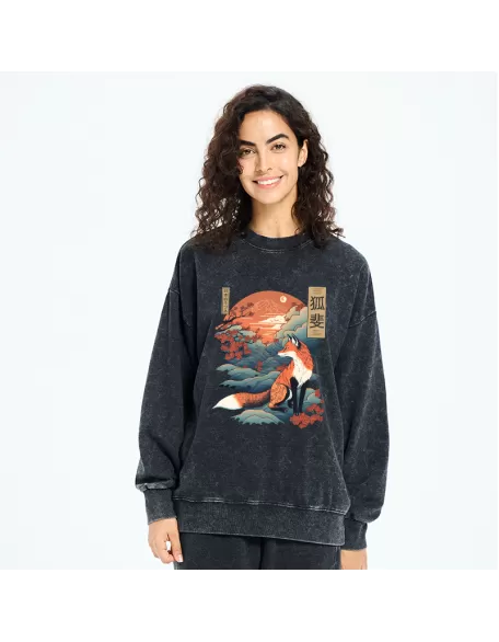 Japanese Kitsune Fox Sakura Washed Sweatshirt