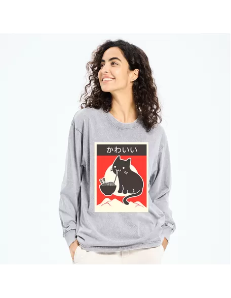 "Kawaii" Vintage Style Japenese Ramen Cat Washed Long Sleeve T-Shirt