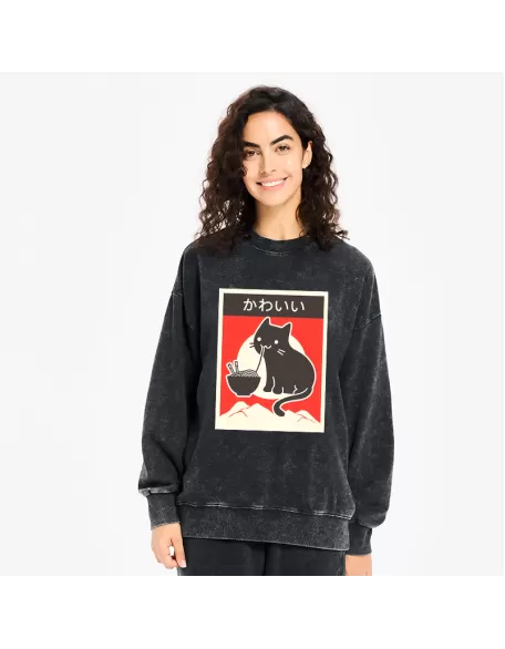 "Kawaii" Vintage Style Japenese Ramen Cat Washed Sweatshirt