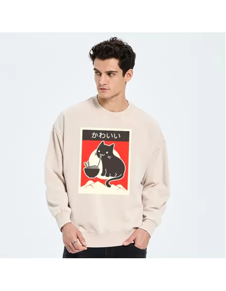 "Kawaii" Vintage Style Japenese Ramen Cat Washed Sweatshirt