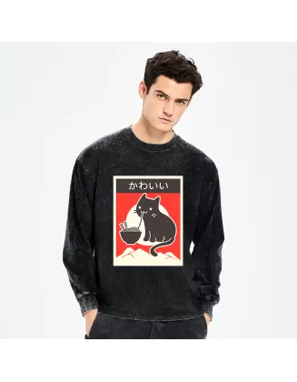 "Kawaii" Vintage Style Japenese Ramen Cat Washed Long Sleeve T-Shirt