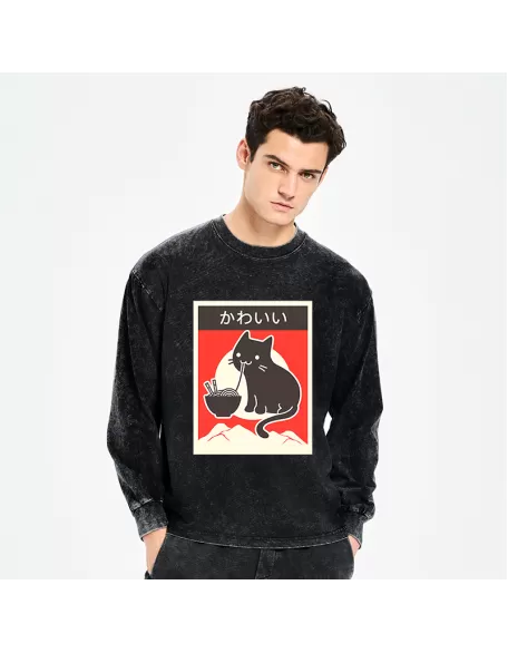 "Kawaii" Vintage Style Japenese Ramen Cat Washed Long Sleeve T-Shirt