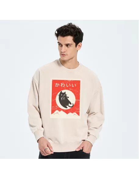 Cute Black Cat Japanese Washed Sweatshirt