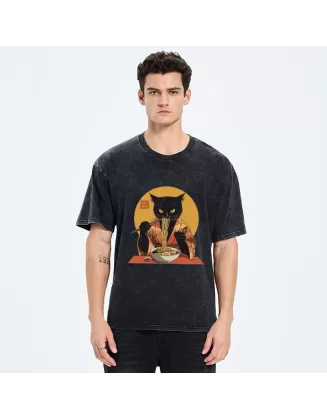 Ramen-obsessed Cat Washed T-Shirt