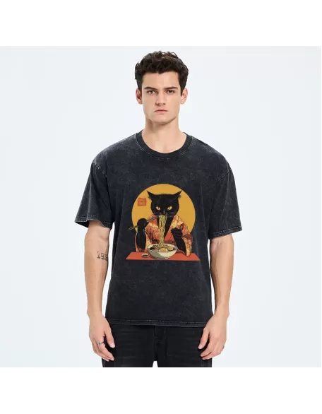 Ramen-obsessed Cat Washed T-Shirt