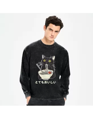 Cats Eat Ramen Noodles Washed Long Sleeve T-Shirt