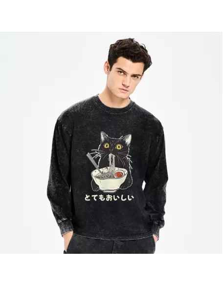 Cats Eat Ramen Noodles Washed Long Sleeve T-Shirt