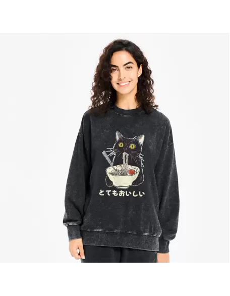 Cats Eat Ramen Noodles Washed Sweatshirt
