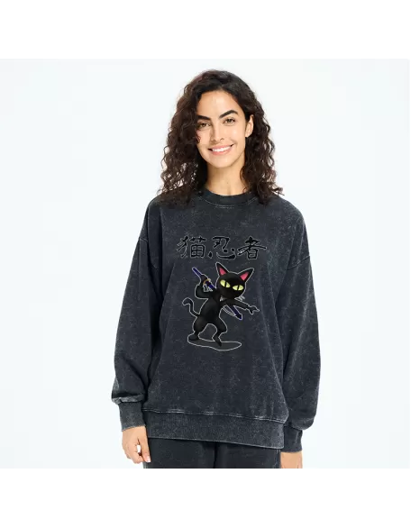 Ninja Cat Washed Sweatshirt