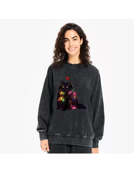 Christmas Lights Cat Washed Sweatshirt