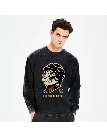 Chinese Spirit Cat Washed Long Sleeve T-Shirt