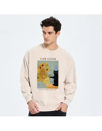 Black Cat With Sunflowers Washed Sweatshirt