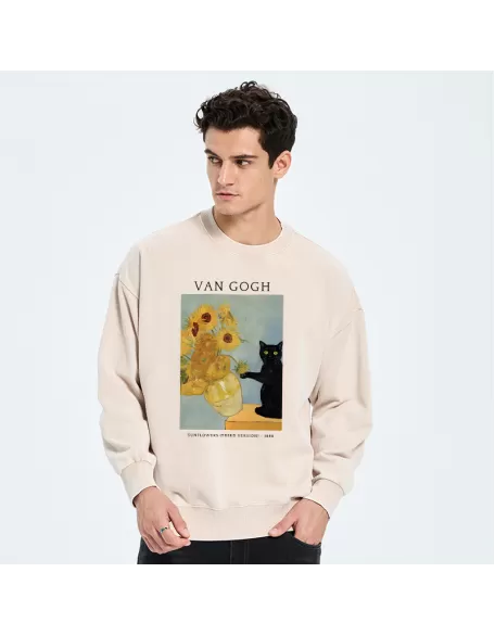 Black Cat With Sunflowers Washed Sweatshirt