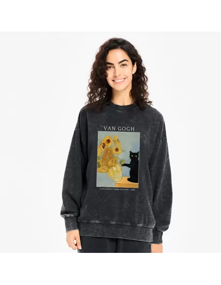 Black Cat With Sunflowers Washed Sweatshirt