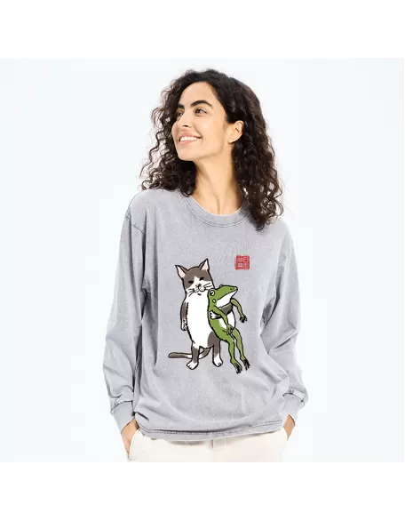 Cat Holding A Frog Washed Long Sleeve T-Shirt