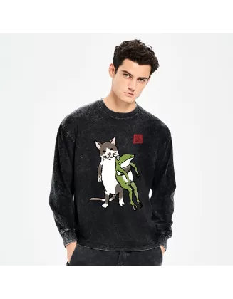 Cat Holding A Frog Washed Long Sleeve T-Shirt