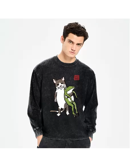 Cat Holding A Frog Washed Long Sleeve T-Shirt