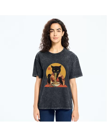Ramen-obsessed Cat Washed T-Shirt